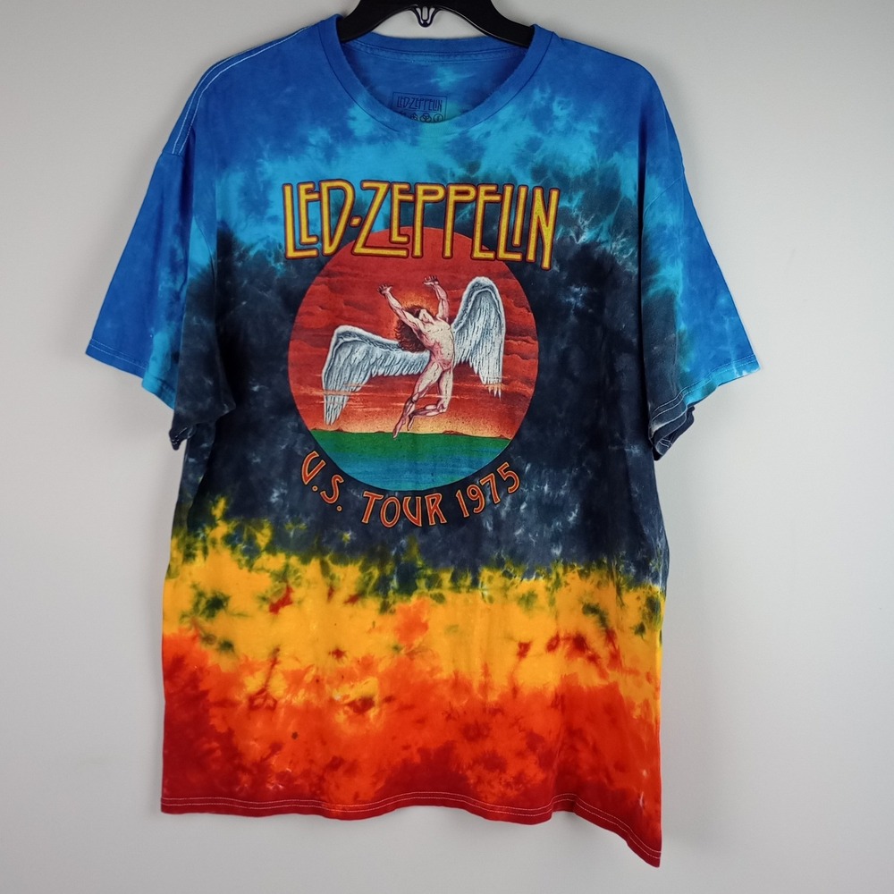 Led Zeppelin Mens XL Multicolor Tie Dye Graphic Rock Band U.S. Tour 1975 Tshirt